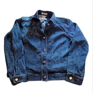 Women's Christopher Banks Blue Jean Jacket Button Embroidered Flowers Size Small